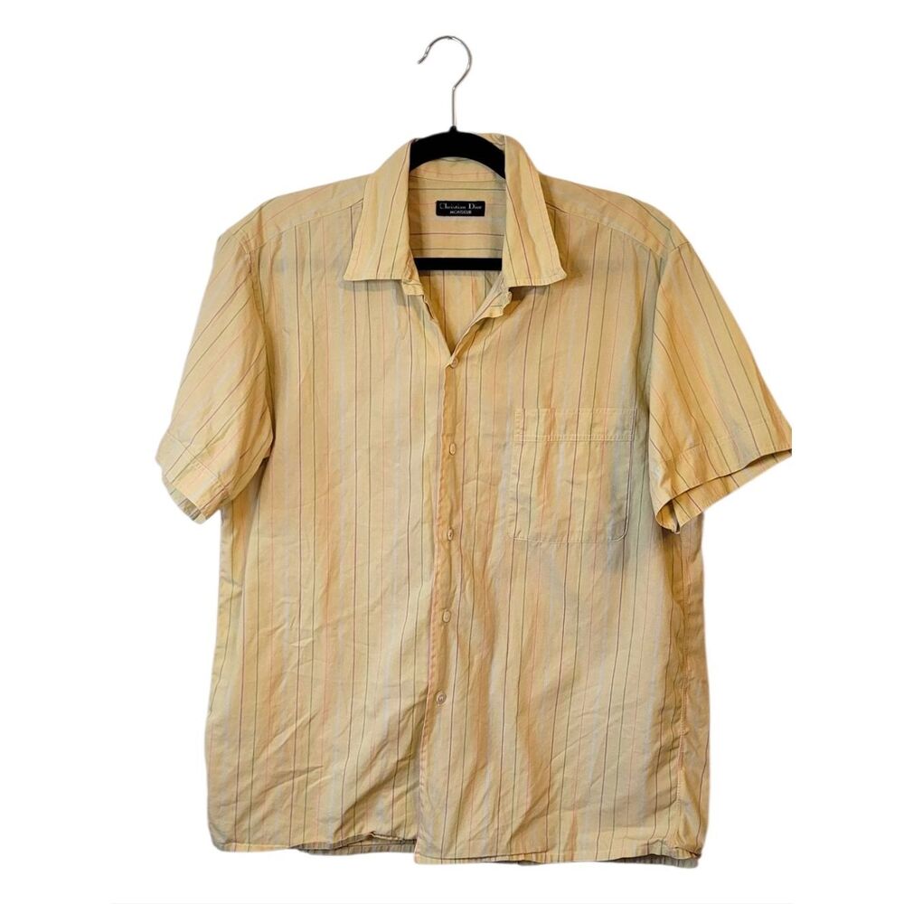 Vintage Christian Dior Men’s Short-Sleeve Pale Yellow Stripe Button-Down Shirt M